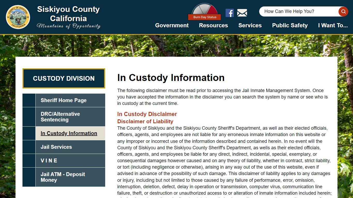 In Custody Information | Siskiyou County California