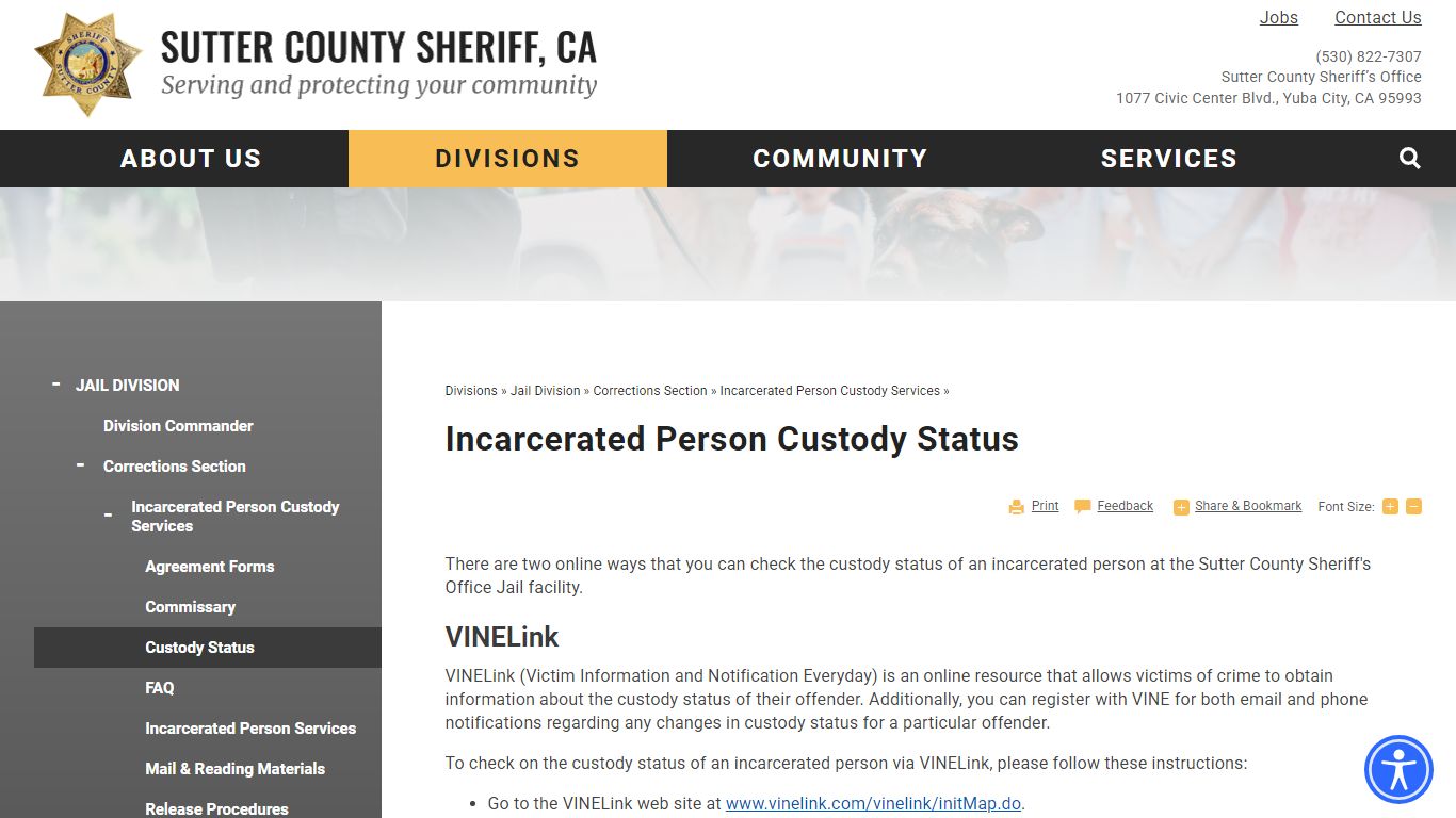 Inmate Custody Status | Sutter County Sheriff, CA